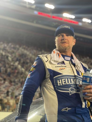 Dale Earnhardt Jr. looks on following a NASCAR Xfinity Series race at Bristol Motor Speedway.
