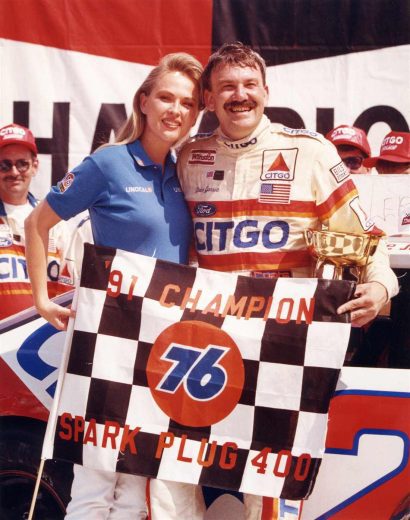Dale Jarrett celebrates in Victory Lane at Michigan.