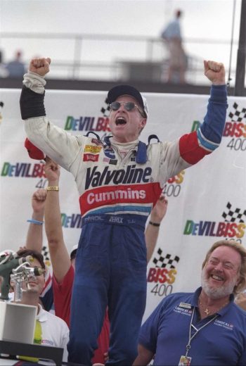 Mark Martin celebrates in Victory Lane at Michigan.