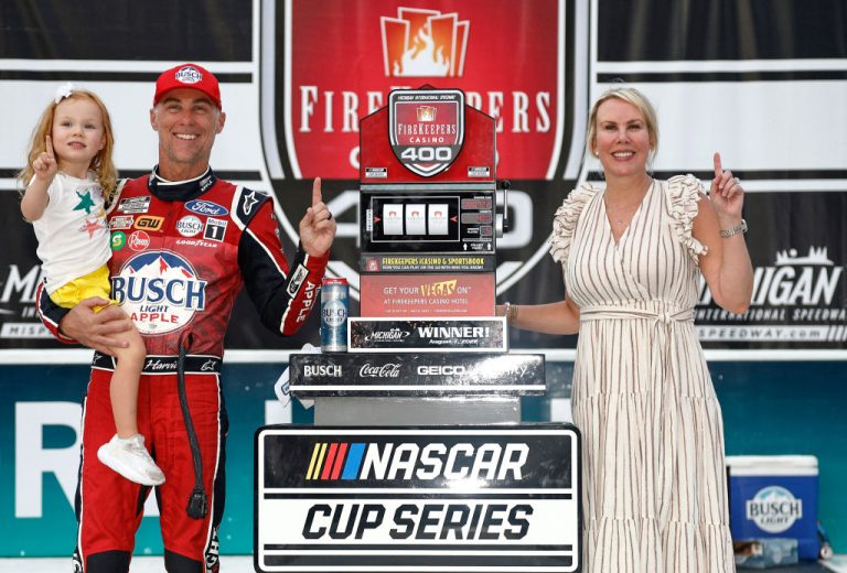 Kevin Harvick celebrates in Victory Lane at Michigan.