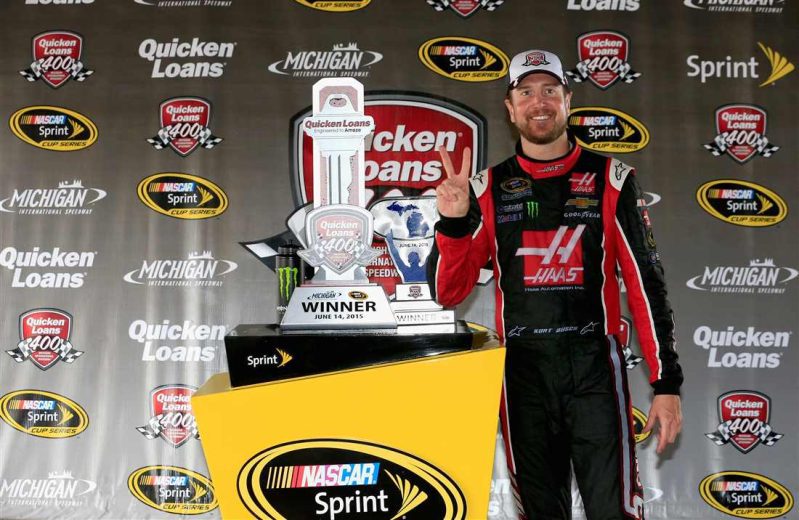 Kurt Busch celebrates in Victory Lane at Michigan.