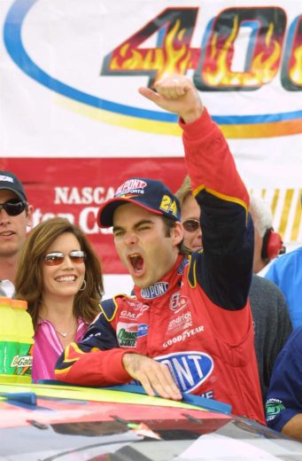 Jeff Gordon celebrates in Victory Lane at Michigan.