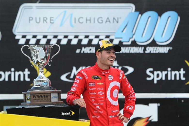 Kyle Larson celebrates in Victory Lane at Michigan.