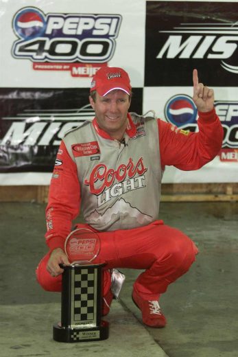 Sterling Marlin celebrates in Victory Lane at Michigan.