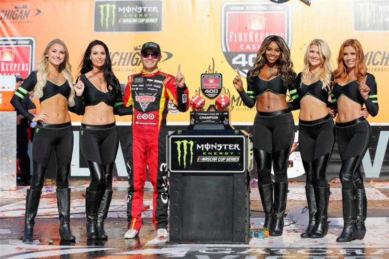 Kyle Larson celebrates in Victory Lane at Michigan.