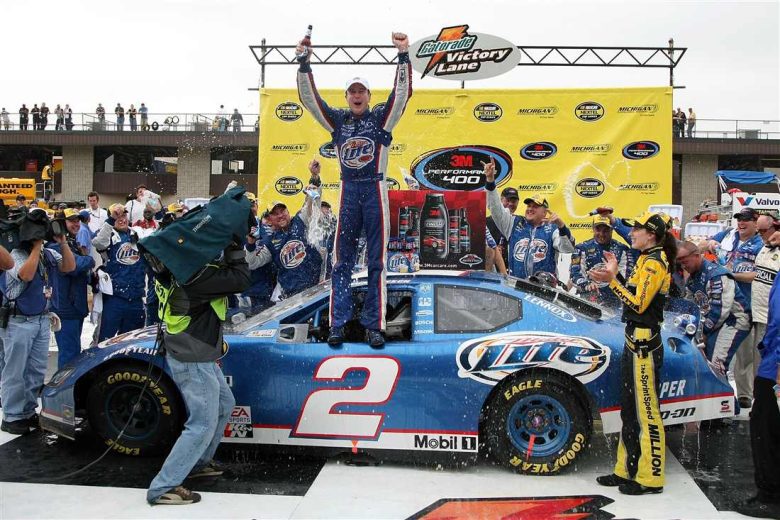 Kurt Busch celebrates in Victory Lane at Michigan.