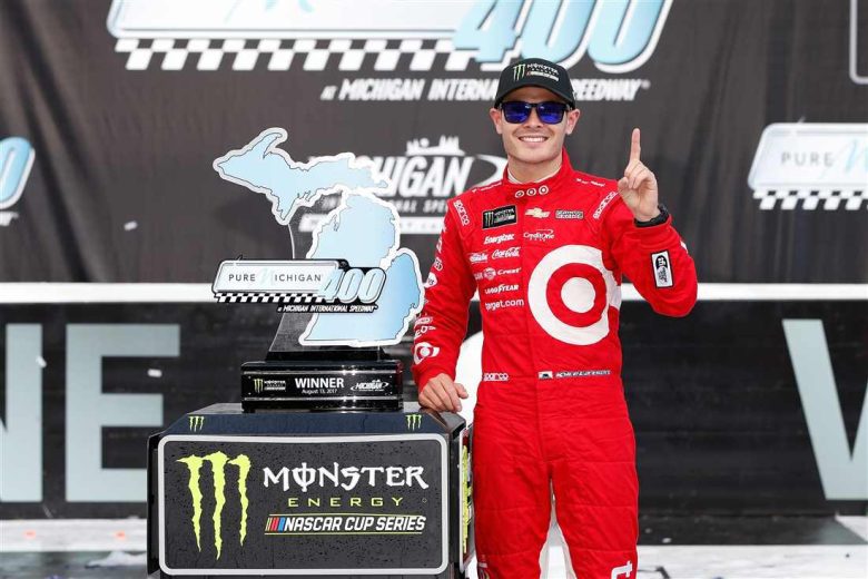 Kyle Larson celebrates in Victory Lane at Michigan.