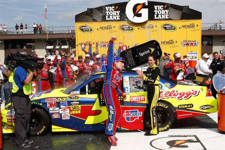 Mark Martin celebrates in Victory Lane at Michigan.