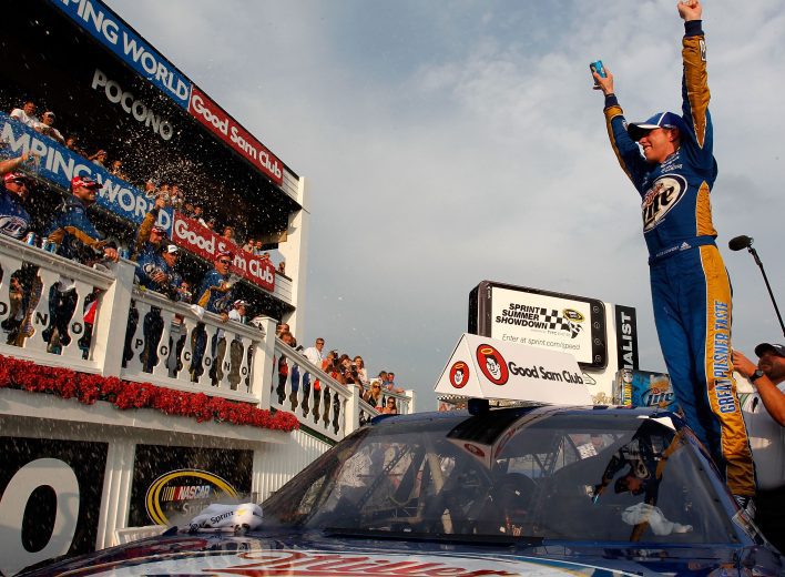 Brad Keselowski celebrates in Pocono Victory Lane.