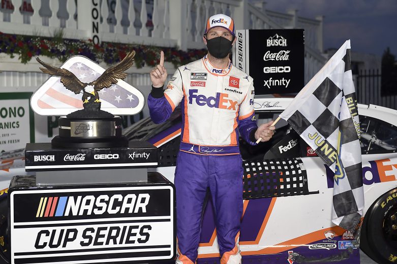 Denny Hamlin celebrates Pocono Victory Lane.