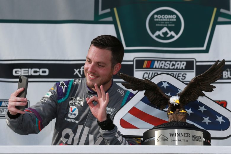 Alex Bowman celebrates Pocono Victory Lane.