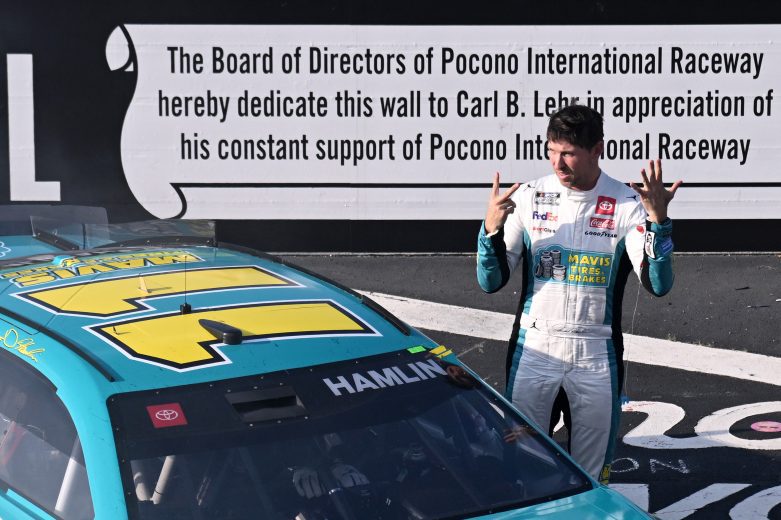 Denny Hamlin celebrates Pocono Victory Lane.