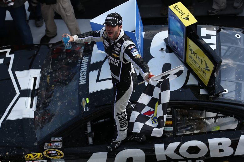 Jimmie Johnson celebrates in Pocono Victory Lane.