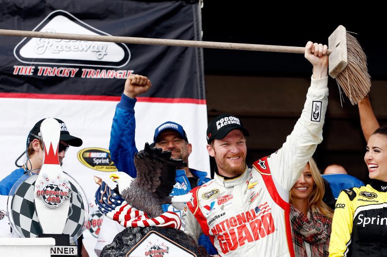 Dale Earnhardt Jr. celebrates in Pocono Victory Lane.