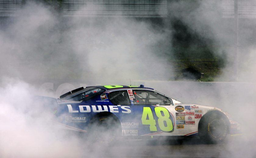 Jimmie Johnson does a burnout at Pocono.