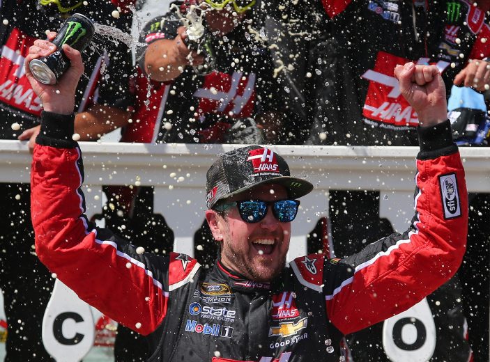 Kurt Busch celebrates in Pocono Victory Lane.