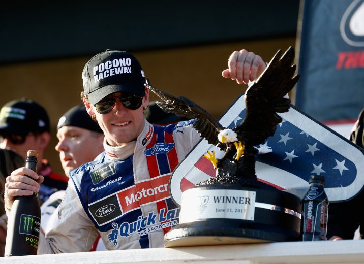 Ryan Blaney celebrates in Pocono Victory Lane.