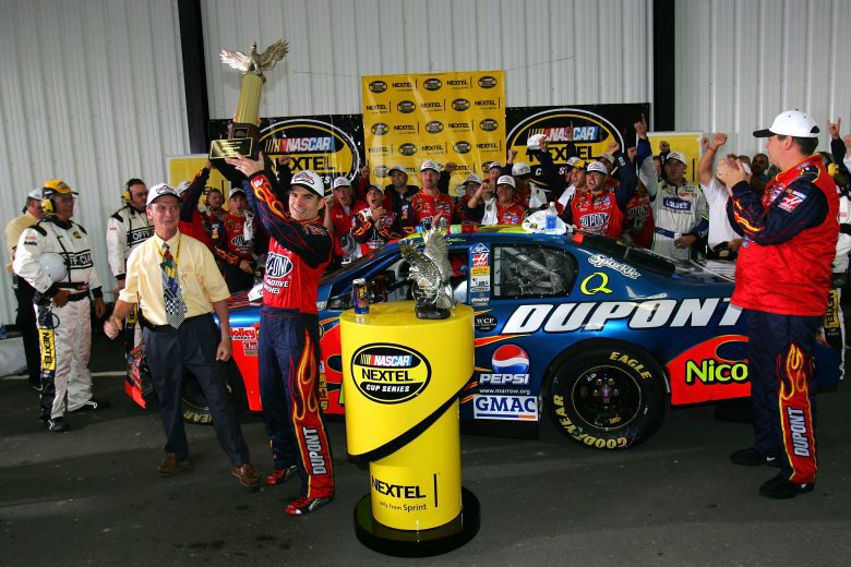 Jeff Gordon celebrates in Pocono Victory Lane.