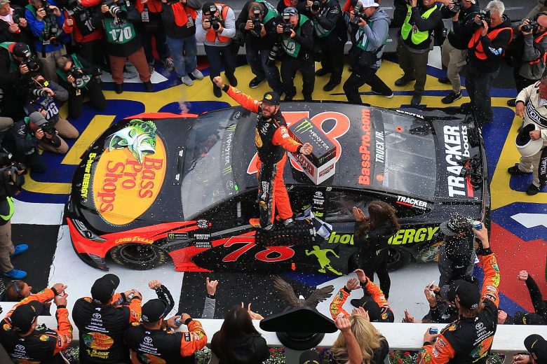 Martin Truex Jr. celebrates in Pocono Victory Lane.