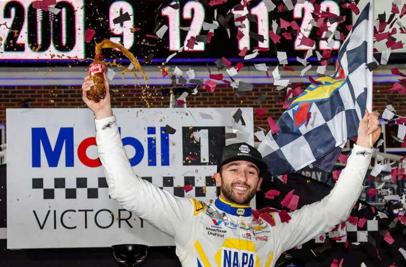 Chase Elliott celebrates in Victory Lane at Bowman Gray.
