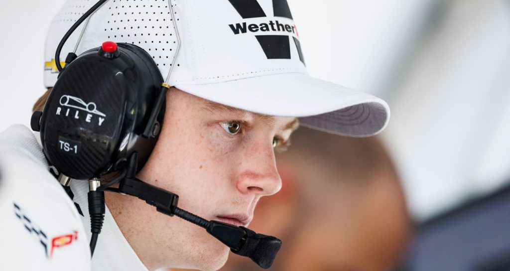 Connor Zilisch driver of the No. 91 Trackhouse by TF Sport Corvette Z06 GT3.R sits in the pits during the Roar Before The 24h at Daytona International Speedway on January 18, 2025 in Daytona Beach, Florida.