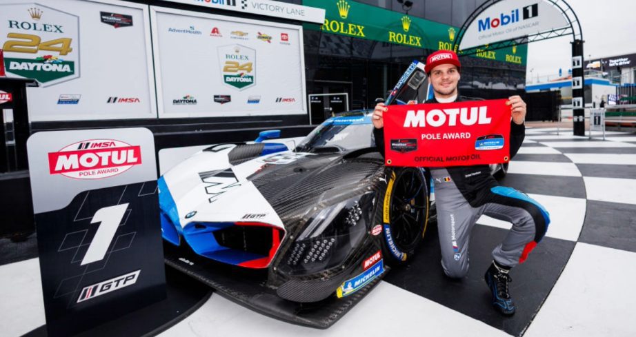 Dries Vanthoor celebrates after winning for the pole for the Rolex 24 at Daytona.