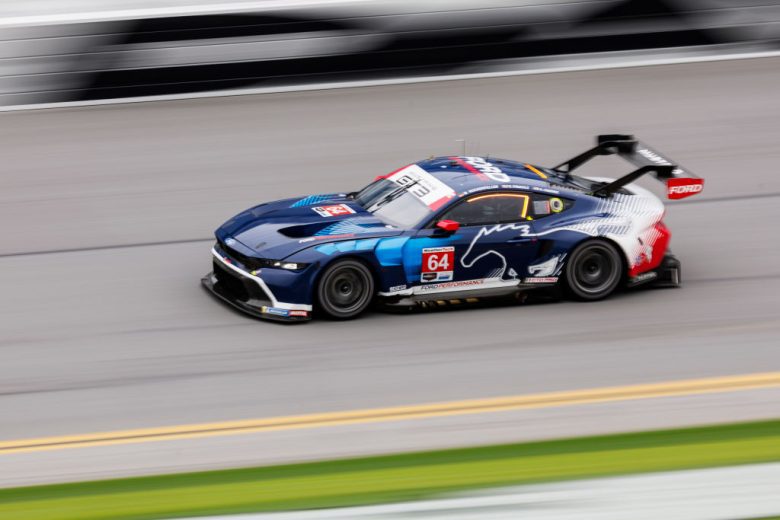 The No. 64 Ford Multimatic Motorsports Ford drives at Daytona.