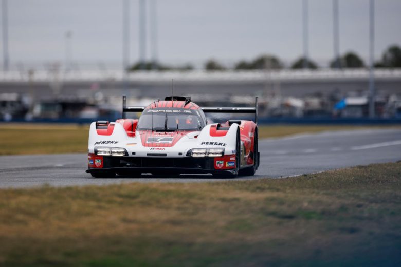 The No. 7 Porsche Penske Motorsport Porsche drives at Daytona.