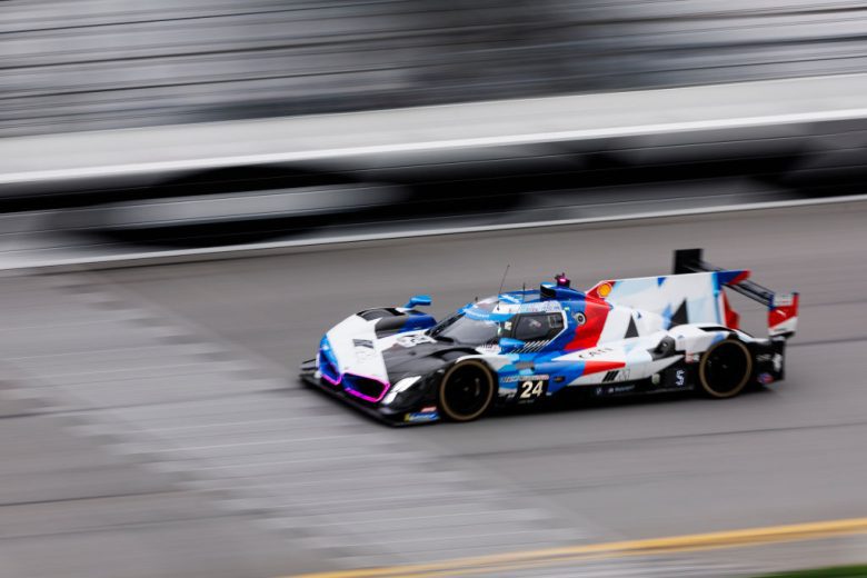The No. 24 BMW M Team RLL BMW drives at Daytona.