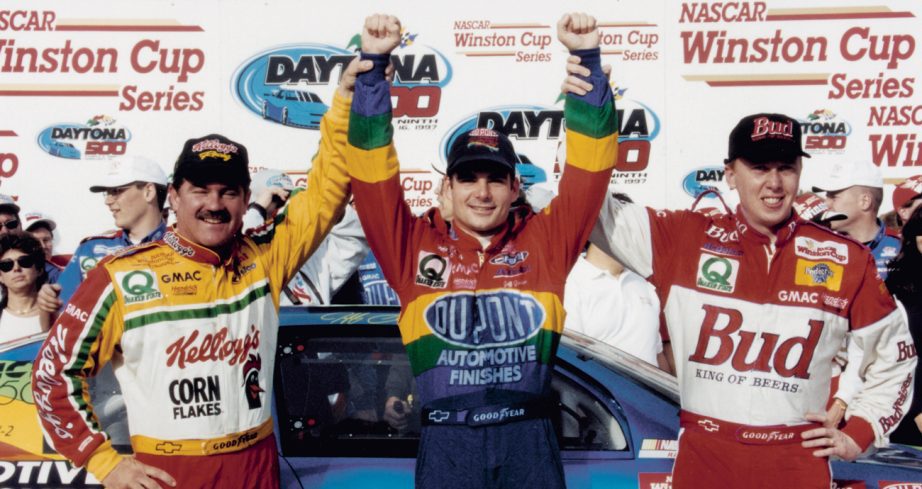 Jeff Gordon (center) celebrates Hendrick Motorsports' 1-2-3 finish in the 1997 Daytona 500 with Terry Labonte (L) and Ricky Craven.