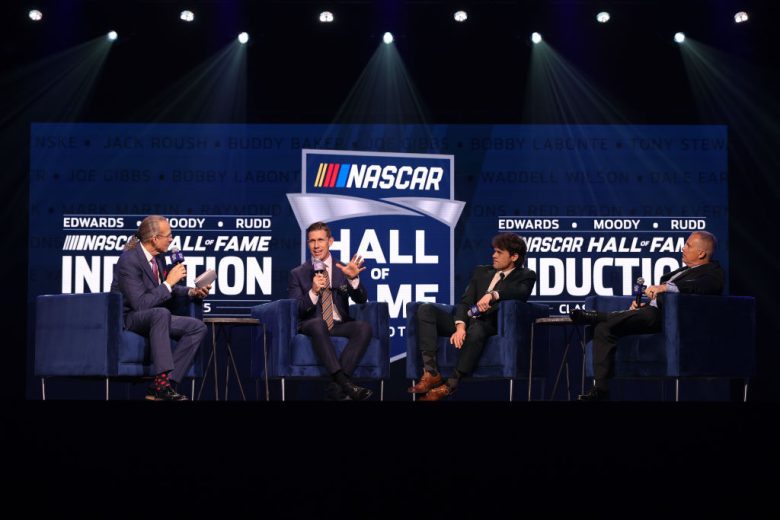 Carl Edwards speaks at the NASCAR Hall of Fame.
