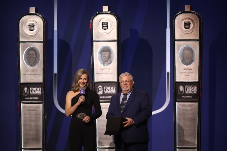 Mike Harris speaks at the NASCAR Hall of Fame.