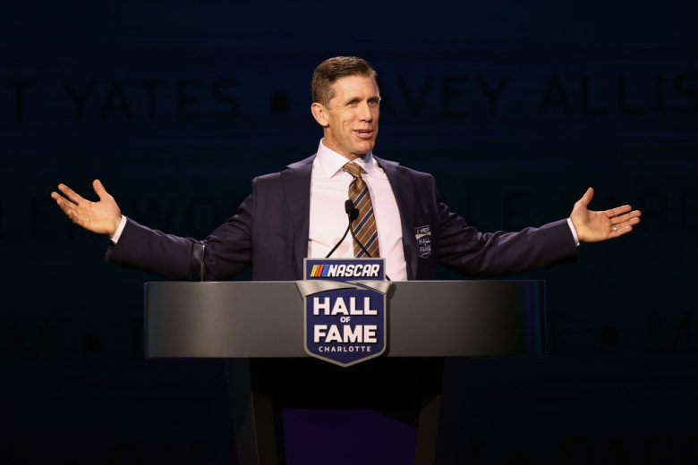 Carl Edwards speaks at the NASCAR Hall of Fame.