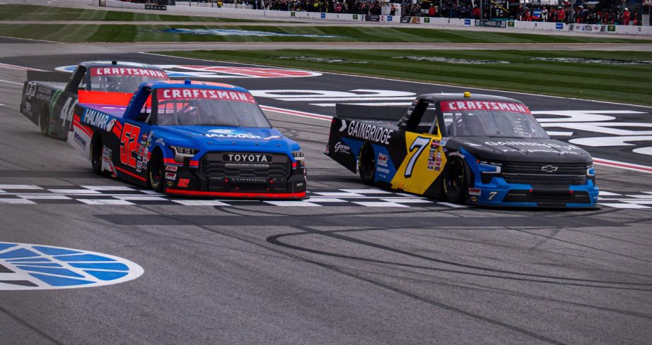 Kyle Busch beats Stewart Friesen by a nose at Atlanta.