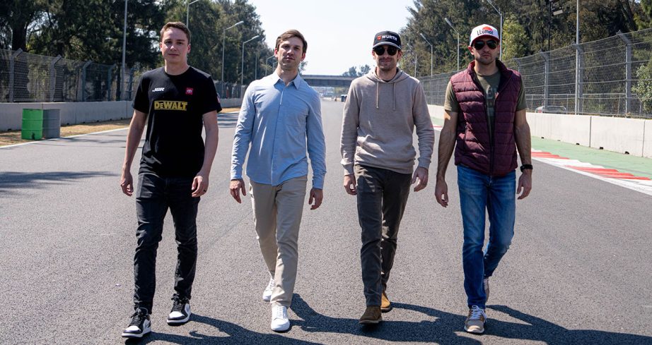 Christopher Bell, Daniel Suárez, Ryan Blaney and Chase Elliott walk the track in Mexico City.