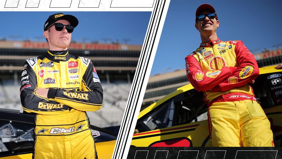 Christopher Bell (L) and Joey Logano (R) look on.