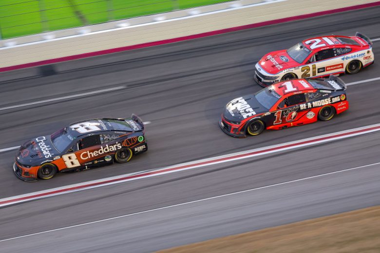 Kyle Busch, in the No. 8 Richard Childress Racing Chevrolet, races ahead of Ross Chastain in the No. 1 Trackhouse Racing Chevrolet.