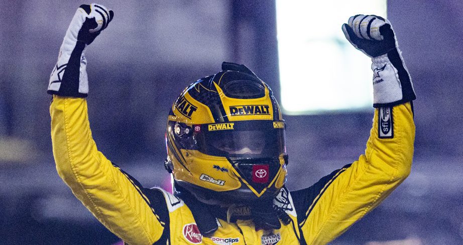 Christopher Bell celebrates winning the Bristol Night Race.