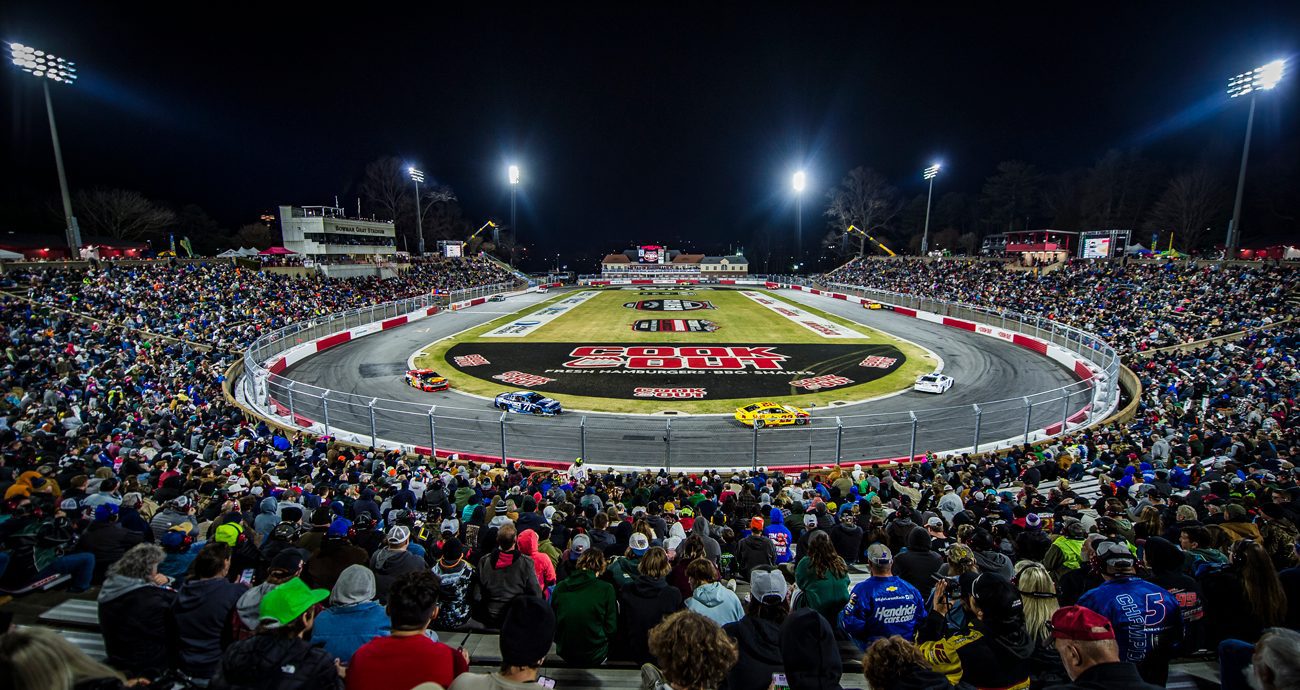 General view of Bowman Gray Stadium during the Cook Out Clash at night.