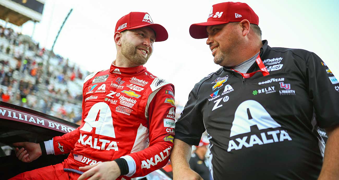 William Byron, left, and crew chief Rudy Fugle celebrate their victory at Martinsville Speedway in April 2024