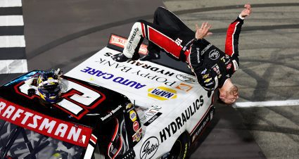 Daniel Hemric celebrates his NASCAR Craftsman Truck Series victory at Martinsville Speedway with a backflip.