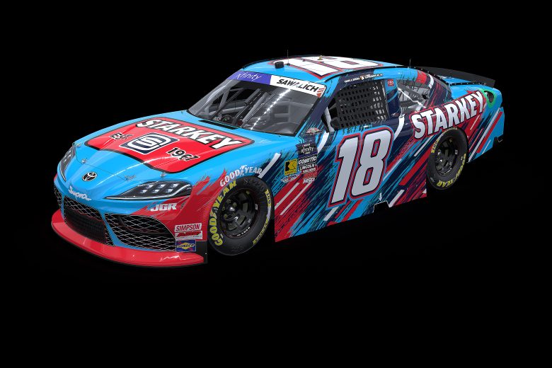A general graphic depicting William Sawalich's No. 18 throwback scheme for Darlington Raceway.