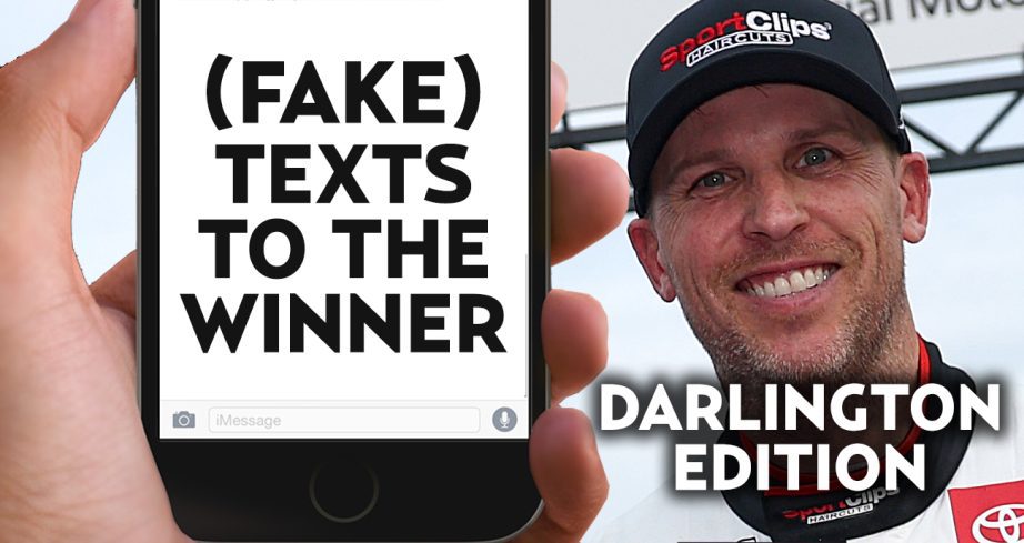 Denny Hamlin smiles with a phone and text overlay graphic.