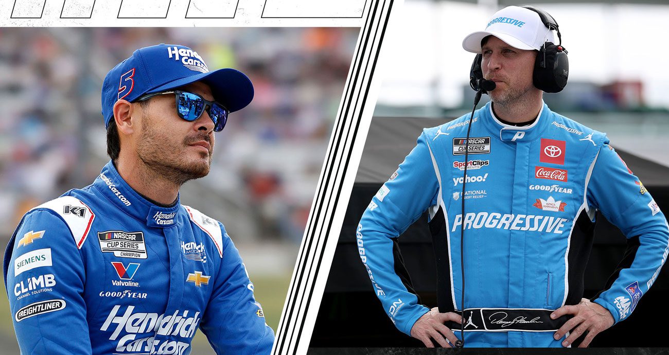 Kyle Larson (L) and Denny Hamlin (R) look on.
