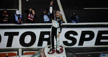 Chandler Smith points to the sky after winning a Craftsman Truck Series race at Bristol Motor Speedway