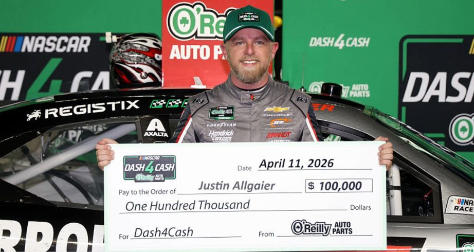 Justin Allgaier celebrates after winning the Dash 4 Cash prize.