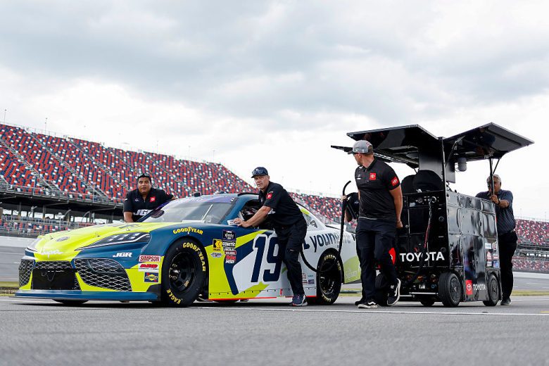 Aric Almirola's car rolls to the grid at Talladega.