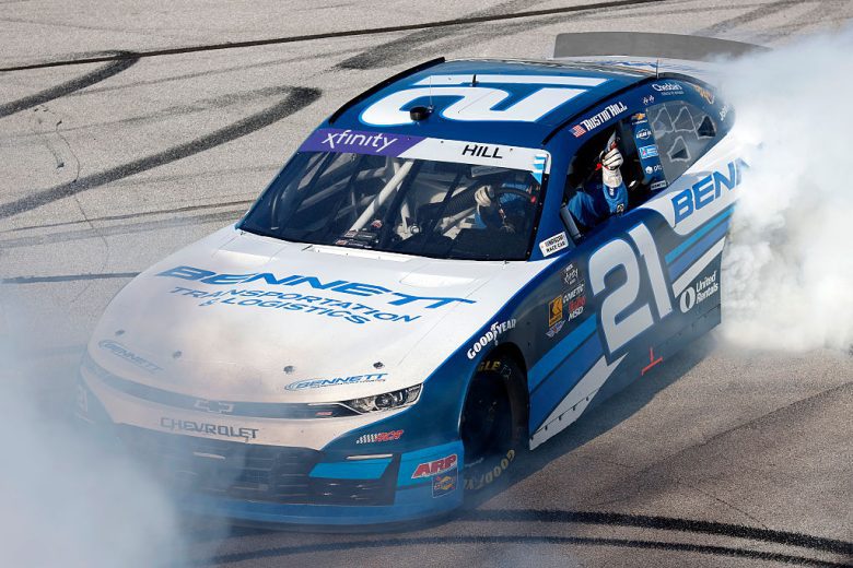 Austin Hill celebrates after winning at Talladega.
