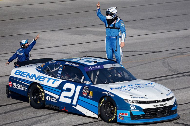 Austin Hill celebrates after winning at Talladega.