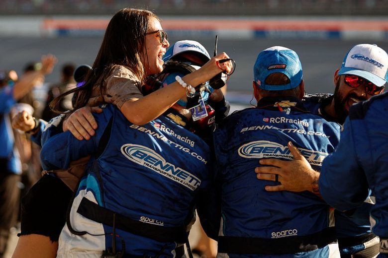 Austin Hill's wife celebrates his victory at Talladega.